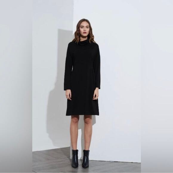 COS Cowl Neck Long Sleeve Pockets Knee Length Black Relaxed Dress Size Small - Picture 1 of 7